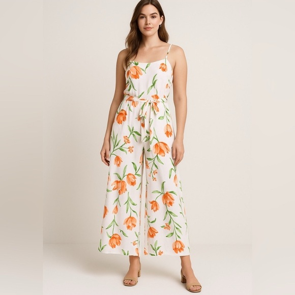 White House Black Market Pants - White House Black Market Orange Floral Jumpsuit Size 14